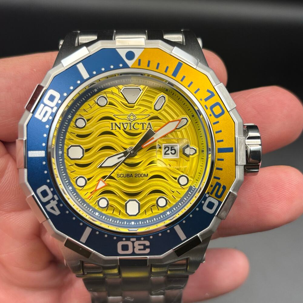 Invicta 47844 Pro Diver Wave Scuba Yellow Dial Blue Bezel Steel Alum Men's Watch - Picture 11 of 16